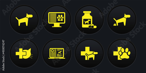Set Veterinary clinic, Dog pooping, Clinical record dog on laptop, , medicine bottle and pills and pet monitor icon. Vector