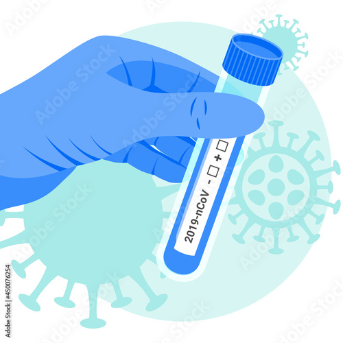 Coronavirus pcr test medical concept. Flat glass test tube, flask in doctor hand. 2019-nCoV corona virus analyzes. Vector illustration.