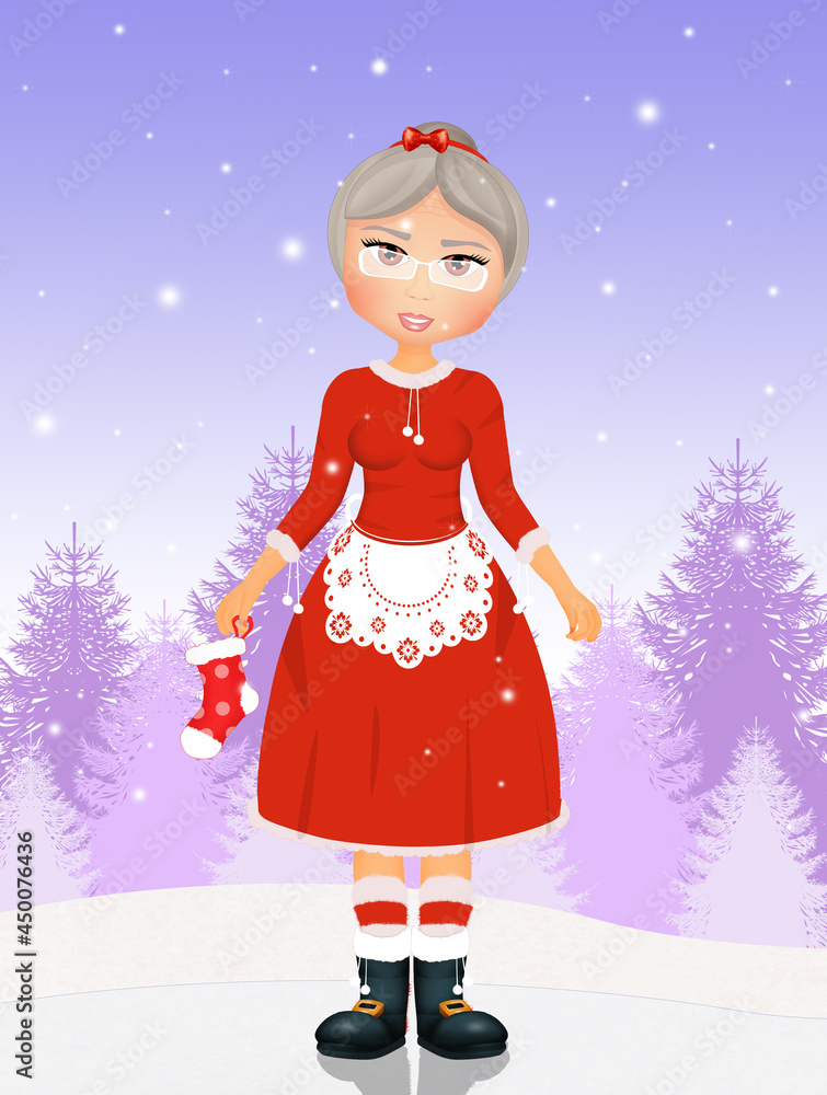 illustration of Santa Claus wife with Christmas sock illustration of Santa Claus wife with Christmas sock