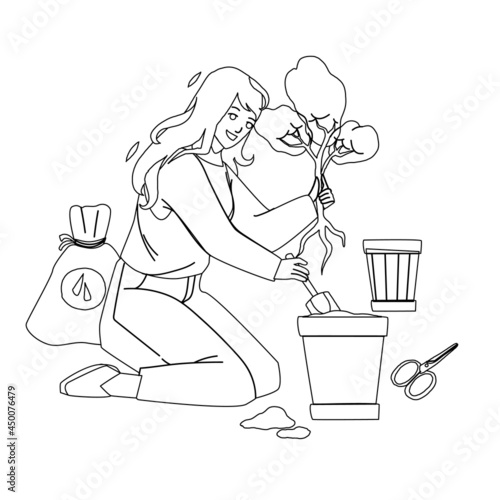 Replant Leaves Occupation Woman In Garden Black Line Pencil Drawing Vector. Young Girl Gardening And Replant Leaves In Pot. Character Lady Care Natural Growing Tree Plant, Home Planting Illustration