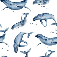 Fototapete Maritime Tiermuster Aquarell Blauwale Maritimes Muster  © Lana