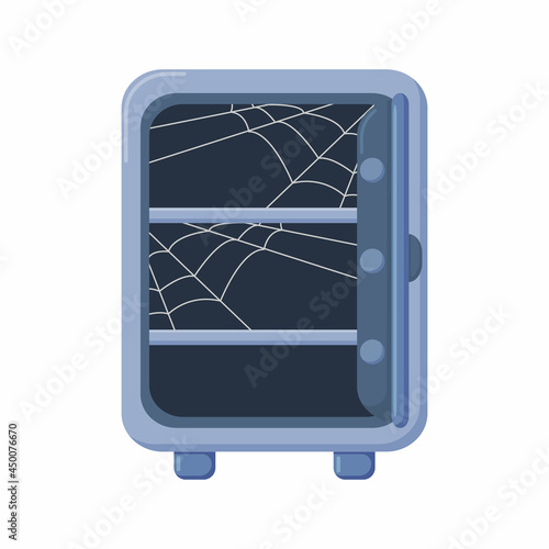 Bank safe. Open empty metal deposit safe with cobweb inside. Metaphor of bankruptcy, poverty, ruin. Theft and fraud. Deception of depositors and customers of the bank. Flat vector.