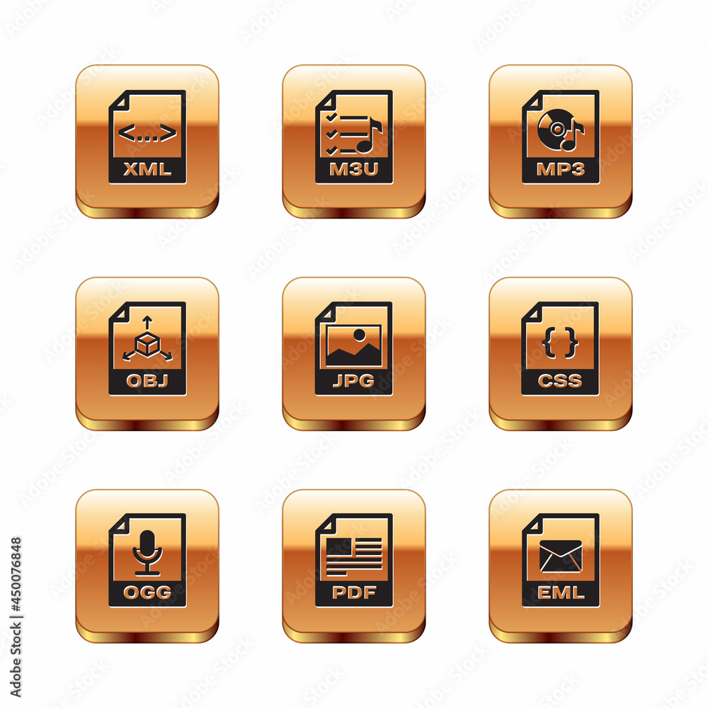Set XML file document, OGG, PDF, JPG, OBJ and MP3 icon. Vector Set XML file document, OGG, PDF, JPG, OBJ and MP3 icon. Vector