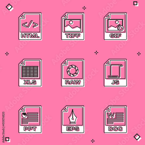 Set HTML file document, TIFF, GIF, XLS, RAW and JS icon. Vector