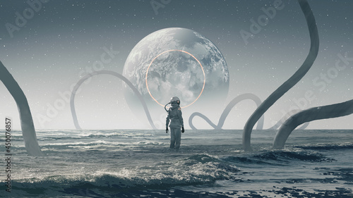 Canvas astronaut standing in the strange sea and looking at the planet in the sky, digi