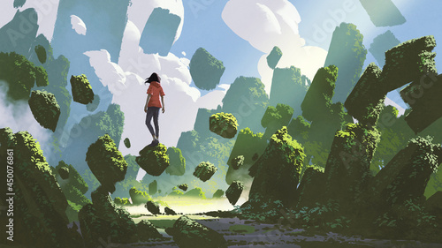 fantasy landscape showing a woman standing on a rock floating in midair, digital art style, illustration painting