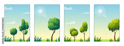 Vector set with different summer landscapes with trees, plants and space for texts. Background layer templates for banners, web, social media, flyers and other publications. (ID: 450076863)