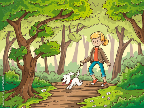Fototapeta Naklejka Na Ścianę i Meble -  Girl walking with dog through the forest. Vector illustration in modern cartoon style. 