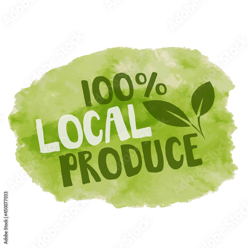 100 percent local produce label, green watercolor vector illustration
