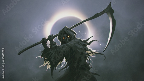 Fotografie The Death as know as Grim Reaper holding the scythe against the eclipse in the b