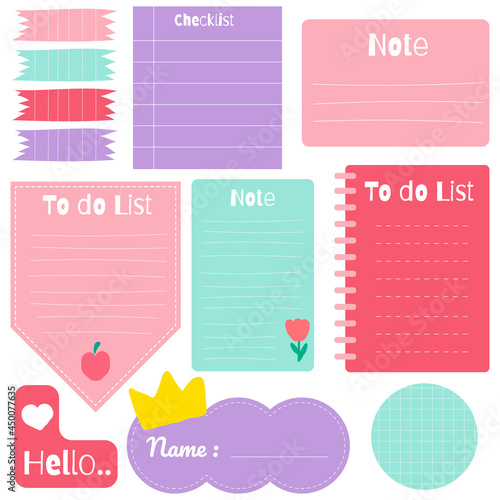 Sticky note set. Cute paper notes. Stationary set. Scrapbook notes and cards.Printable planner stickers. To Do List note. Template for your message. Decorative planning element. Vector illustration.