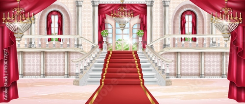 Palace vector interior background, luxury castle hall, marble staircase, arch window, carpet, chandelier. Rich classic ballroom, red curtain, balustrade, pillars. Vintage fairytale palace interior
