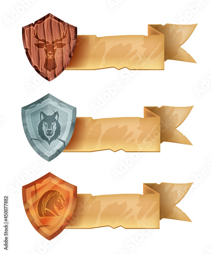 Rank game badge icon set, vector shield medal UI award, wooden deer, silver wolf, bronze horse on white. Level up achievement logo, old parchment ribbon, league sign. Winner game badge leaderboard
