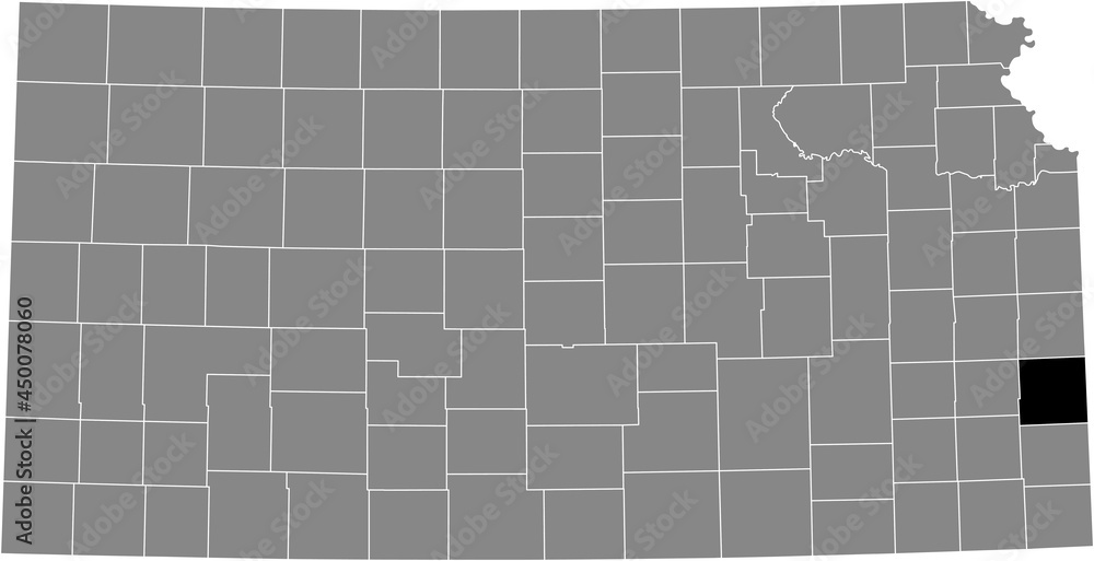Black highlighted location map of the Bourbon County inside gray map of the Federal State of Kansas, USA Black highlighted location map of the Bourbon County inside gray map of the Federal State of Kansas, USA