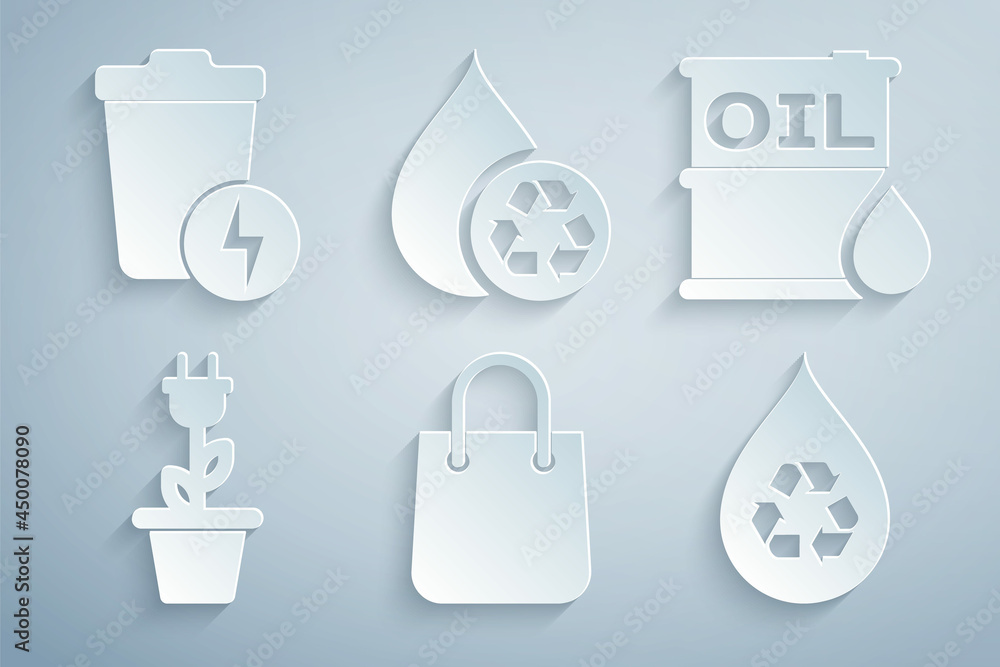 Set Shopping bag, Oil barrel, Electric saving plug pot, Recycle clean aqua, and Lightning with trash can icon. Vector Set Shopping bag, Oil barrel, Electric saving plug pot, Recycle clean aqua, and Lightning with trash can icon. Vector