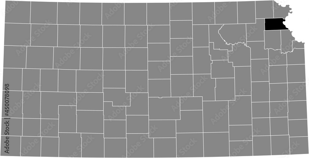 Black highlighted location map of the Atchison County inside gray map of the Federal State of Kansas, USA