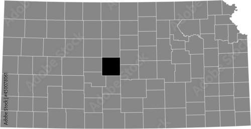 Black highlighted location map of the Barton County inside gray map of the Federal State of Kansas, USA