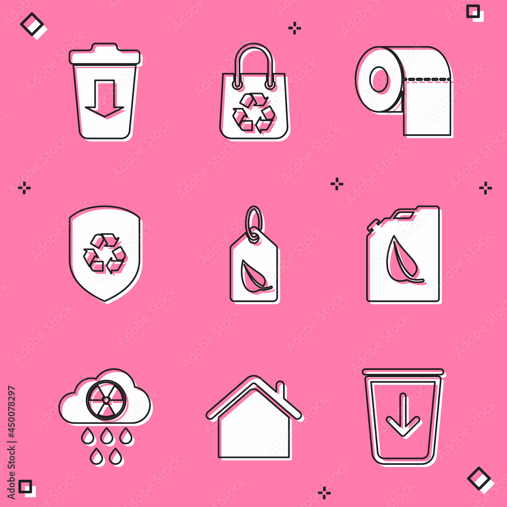 Set Send to the trash, Shopping bag with recycle, Toilet paper roll, Recycle inside shield, Tag leaf, Bio fuel canister, Acid rain and radioactive cloud and House icon. Vector