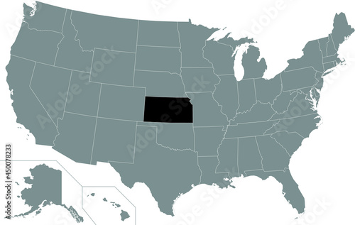 Black highlighted location map of the US Federal State of Kansas inside gray map of the United States of America