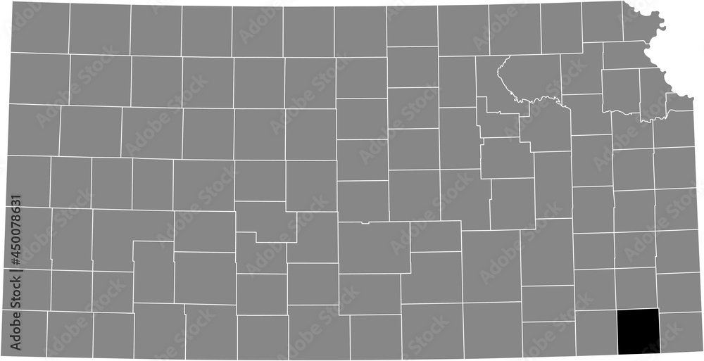 Black highlighted location map of the Labette County inside gray map of the Federal State of Kansas, USA