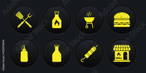 Set Mustard bottle, Burger, Ketchup, Grilled shish kebab, Barbecue grill, shopping building and Crossed fork and spatula icon. Vector