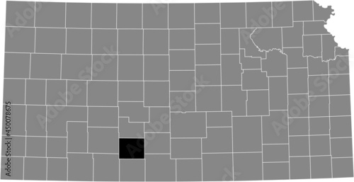 Black highlighted location map of the Kiowa County inside gray map of the Federal State of Kansas, USA