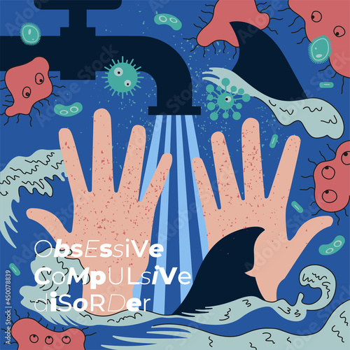 Mental and behavioral obsessive compulsive disorder abstract banner. Visualization psychedelic human thinking, thoughts repeatedly excessive hand washing. OCD mind psychiatry illness vector eps poster