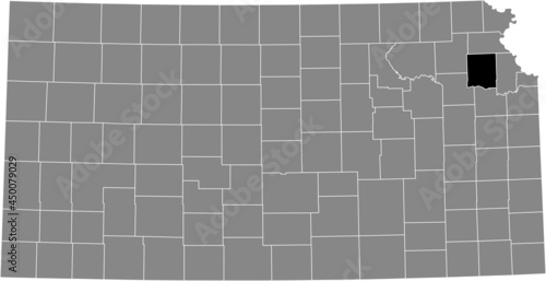 Black highlighted location map of the Jefferson County inside gray map of the Federal State of Kansas, USA