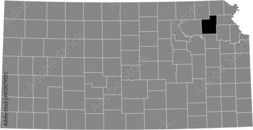 Black highlighted location map of the Jackson County inside gray map of the Federal State of Kansas, USA