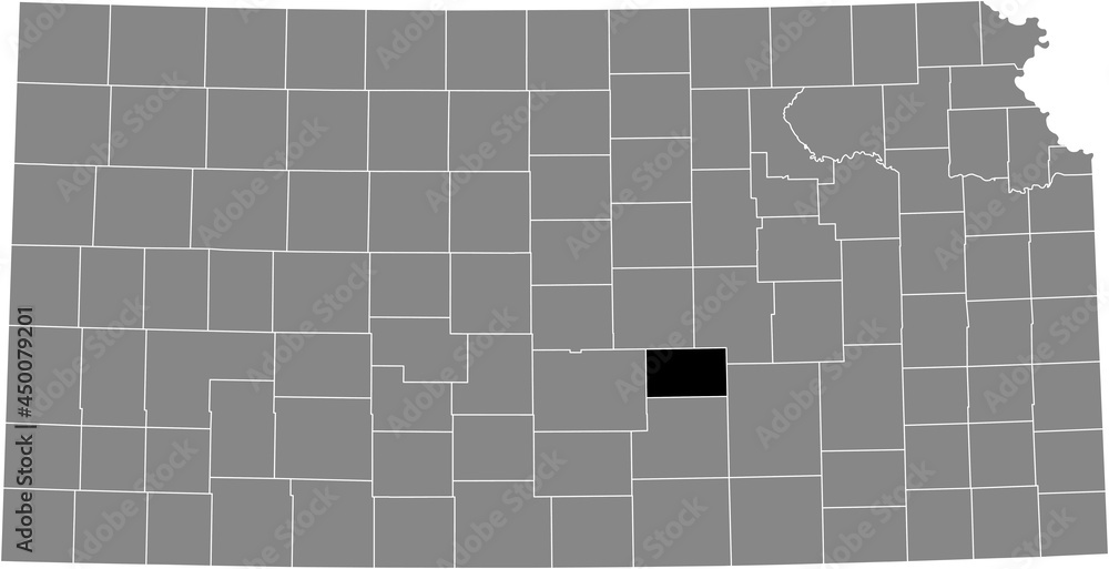 Black highlighted location map of the Harvey County inside gray map of the Federal State of Kansas, USA