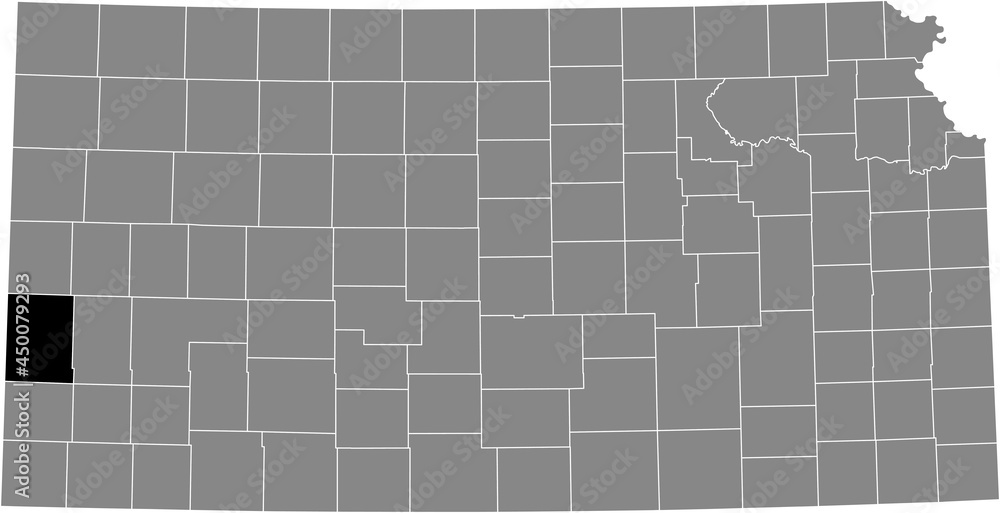 Black highlighted location map of the Hamilton County inside gray map of the Federal State of Kansas, USA