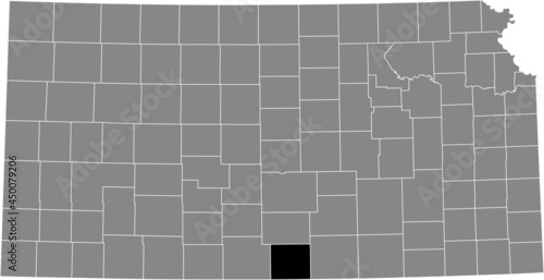 Black highlighted location map of the Harper County inside gray map of the Federal State of Kansas, USA