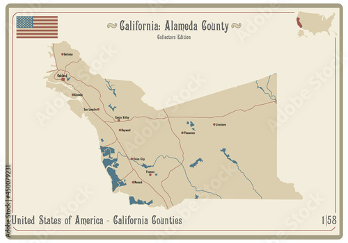 Map on an old playing card of Alameda county in California, USA. photo