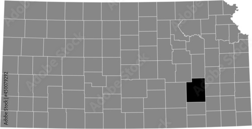 Black highlighted location map of the Greenwood County inside gray map of the Federal State of Kansas, USA