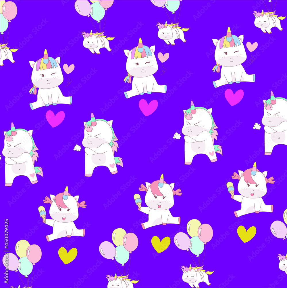 Unicorn seamless pattern. Cute fairy-tale animals. Pony unicorn with rainbow, cloud and star. Magical unicorn. Unicorn background illustration.