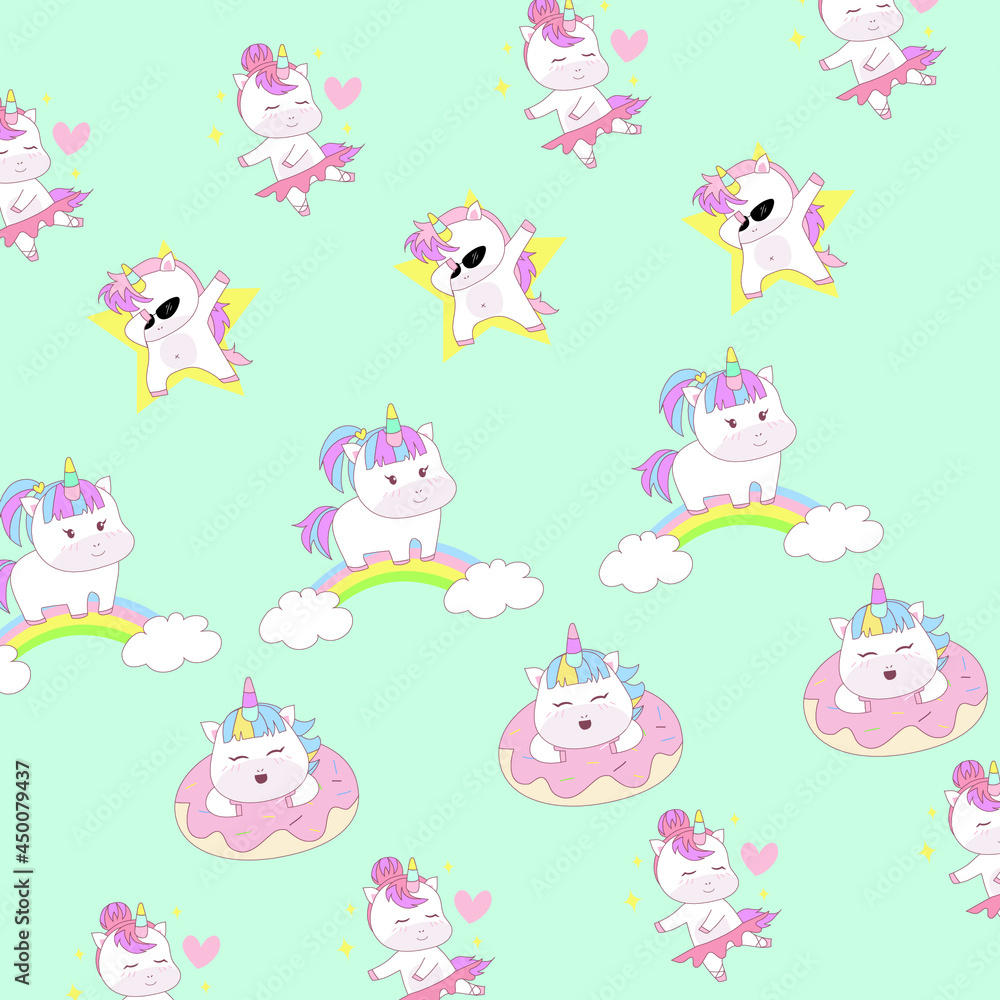 Unicorn seamless pattern. Cute fairy-tale animals. Pony unicorn with rainbow, cloud and star. Magical unicorn. Unicorn background illustration.