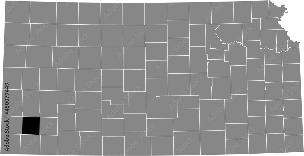 Black highlighted location map of the Grant County inside gray map of the Federal State of Kansas, USA