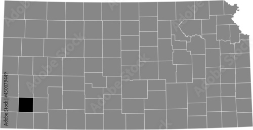 Black highlighted location map of the Grant County inside gray map of the Federal State of Kansas, USA