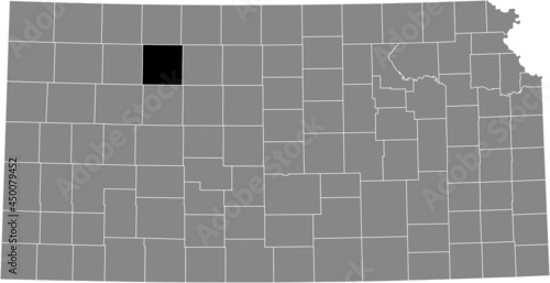 Black highlighted location map of the Graham County inside gray map of the Federal State of Kansas, USA