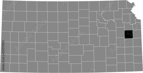 Black highlighted location map of the Franklin County inside gray map of the Federal State of Kansas, USA