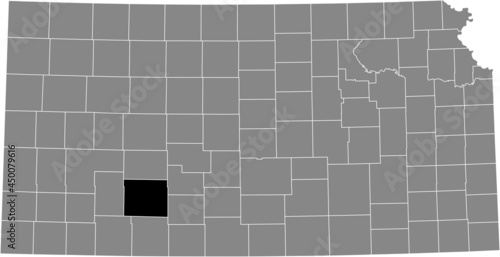 Black highlighted location map of the Ford County inside gray map of the Federal State of Kansas, USA