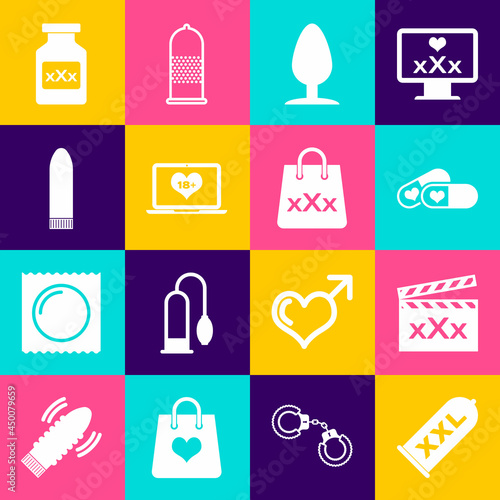 Set Condom safe sex, Movie clapper with Sex, Pills for potency, Anal plug, Laptop 18 plus content, Dildo vibrator, Bottle pills and Shopping bag triple X icon. Vector