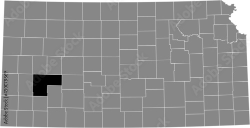 Black highlighted location map of the Finney County inside gray map of the Federal State of Kansas, USA