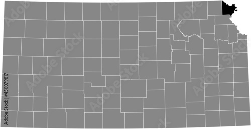 Black highlighted location map of the Doniphan County inside gray map of the Federal State of Kansas, USA