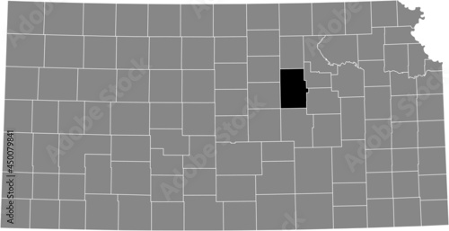 Black highlighted location map of the Dickinson County inside gray map of the Federal State of Kansas, USA