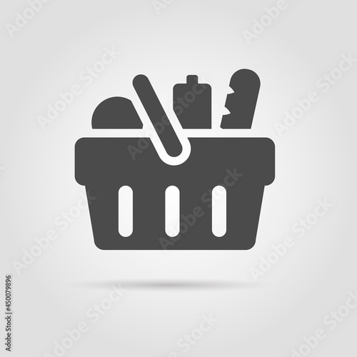 Supermarket shopping basket pictogram,  solid icon with social goods like milk bread and sausage