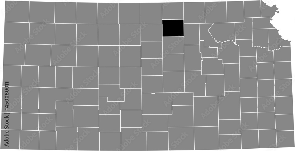Black highlighted location map of the Cloud County inside gray map of the Federal State of Kansas, USA