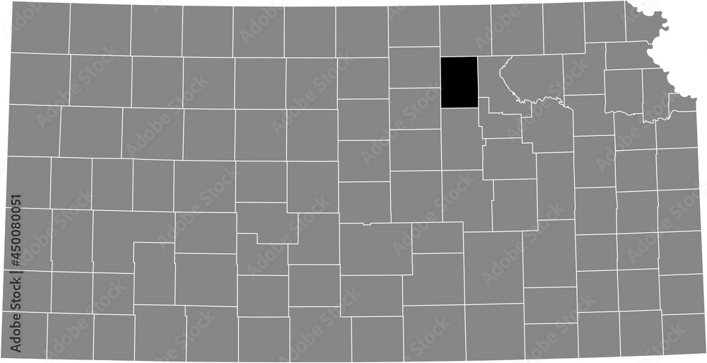 Black highlighted location map of the Clay County inside gray map of the Federal State of Kansas, USA