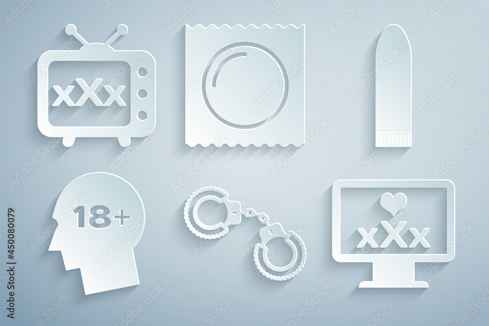 Set Sexy fluffy handcuffs, Dildo vibrator, Head with 18 plus, Monitor content, Condom in package and tv old television icon. Vector Set Sexy fluffy handcuffs, Dildo vibrator, Head with 18 plus, Monitor content, Condom in package and tv old television icon. Vector