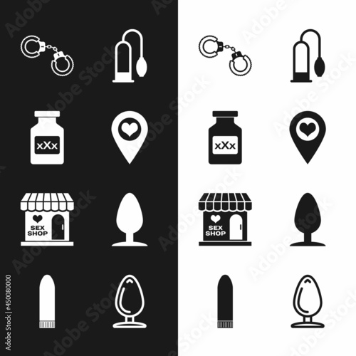 Set Location with heart, Bottle pills for potency, Sexy fluffy handcuffs, Penis pump, shop building, Anal plug, and Dildo vibrator icon. Vector